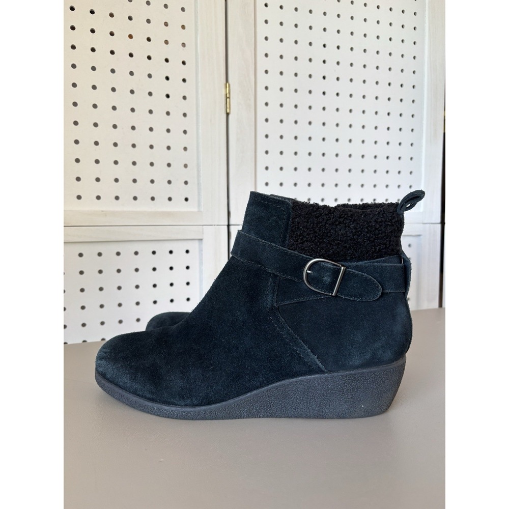 Women's 11M Lands' End‎ Ankle Wedge Leather Boots Bootie Side Zip Black